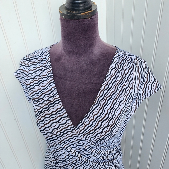 Ann Taylor Faux Wrap Dress White Black Brown V Neck Office V- Neck Stretch Sz 4P - Picture 3 of 13